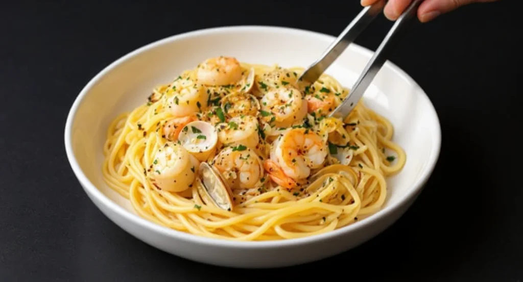 Creamy Garlic Seafood Pasta with shrimp, lemon, and fresh herbs in a white bowl.