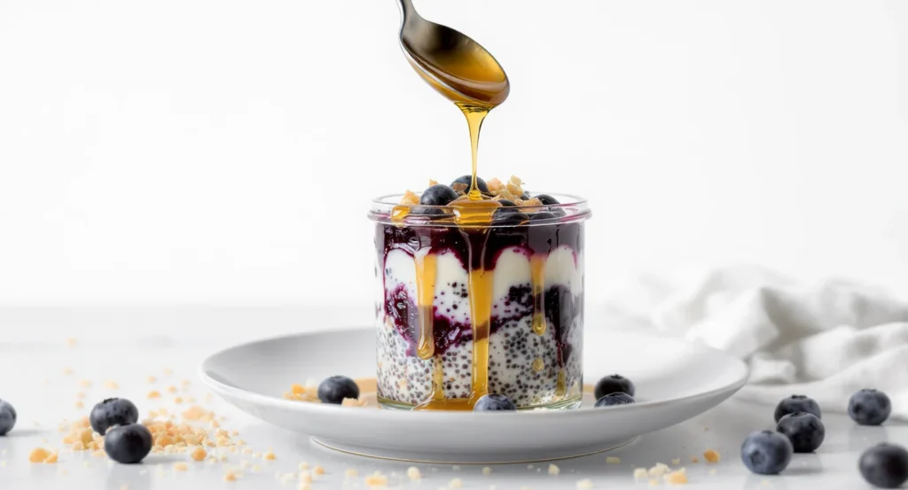 Easy Blueberry Chia Pudding Dessert with creamy yogurt, chia seeds, and sweet honey drizzle