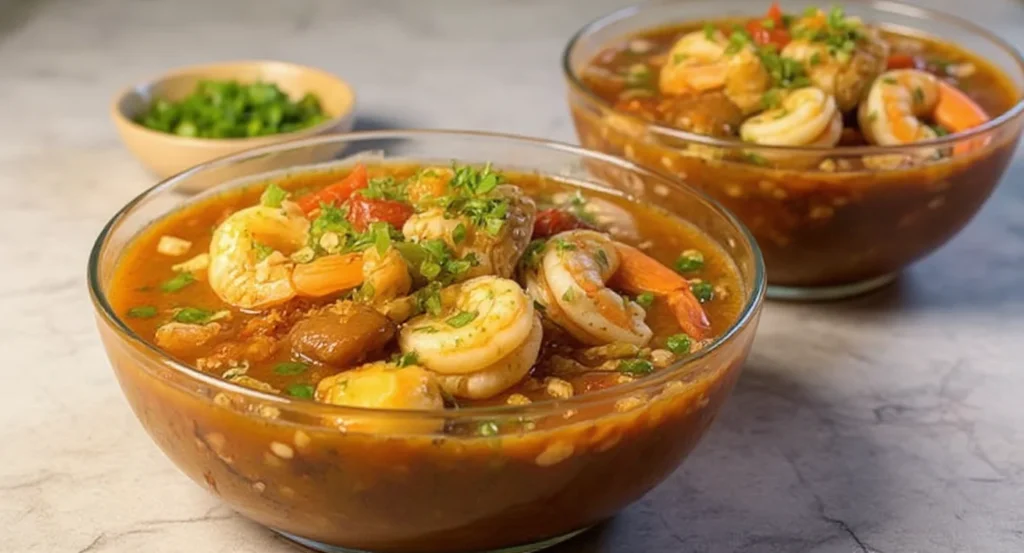 Easy Seafood Gumbo Recipe with shrimp, sausage, and vegetables in rich, flavorful broth.