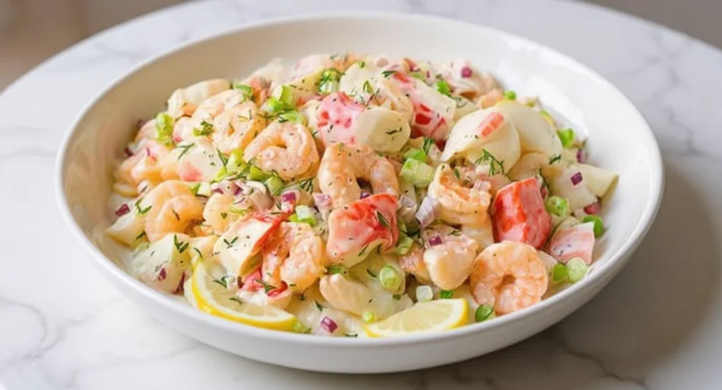Easy seafood salad recipe with shrimp, imitation crab, red onion, and lemon slices in a white bowl