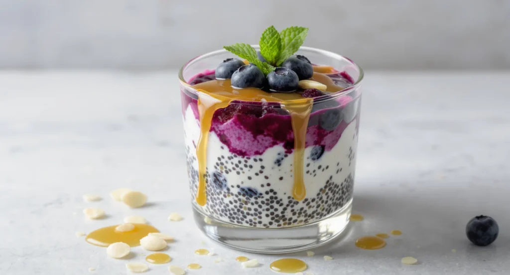 Easy Blueberry Chia Pudding Dessert served in a jar with layers of yogurt, chia seeds, and fresh blueberries