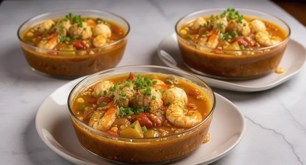 Easy Seafood Gumbo Recipe served in three glass bowls, garnished with shrimp and fresh herbs.