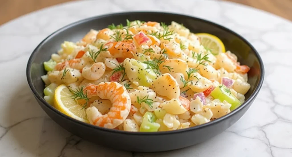 Colorful easy seafood salad recipe with shrimp, diced vegetables, pasta, and fresh herbs in a black bowl.