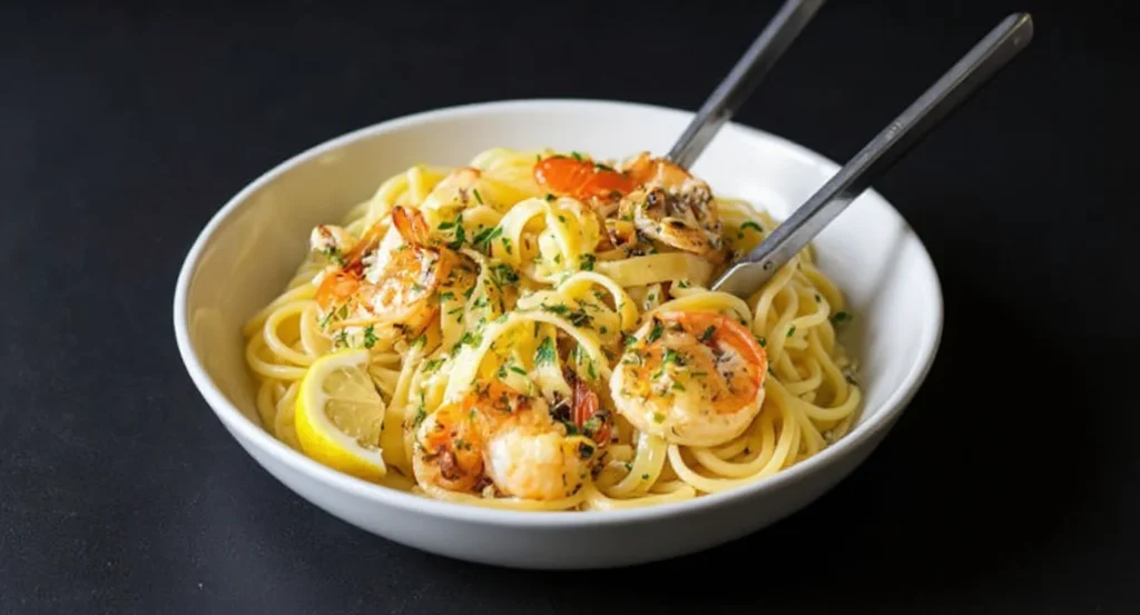 Creamy Garlic Seafood Pasta with shrimp, lemon, and fresh herbs in a white bowl.