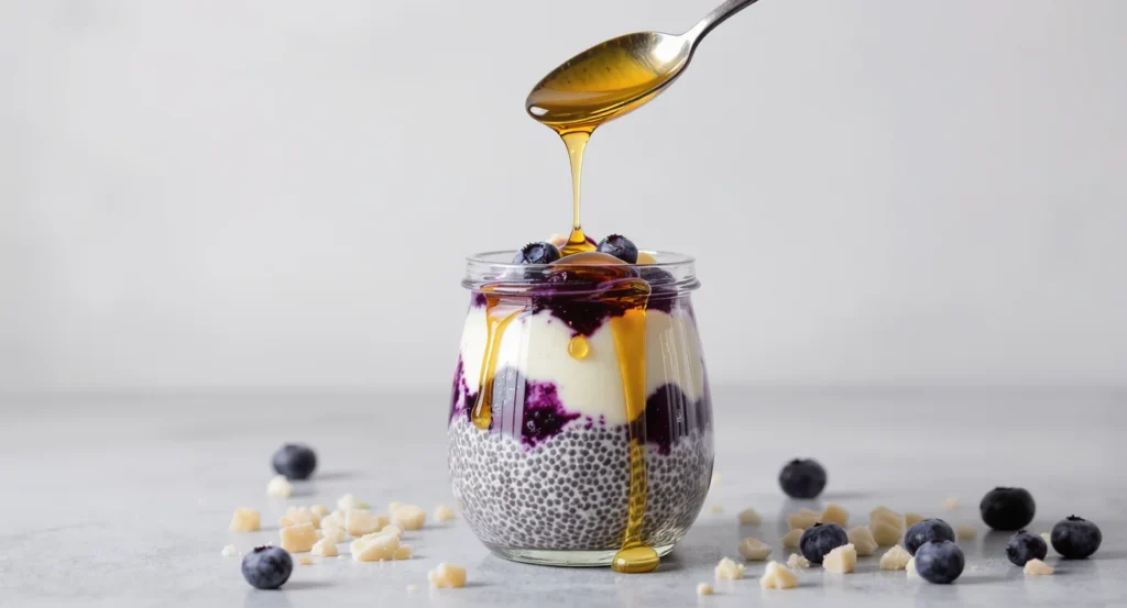 Easy Blueberry Chia Pudding Dessert with fresh blueberries, and honey drizzle in a jar