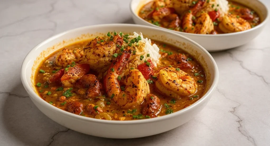 Easy Seafood Gumbo Recipe with shrimp, sausage, and rice in a rich Creole broth.