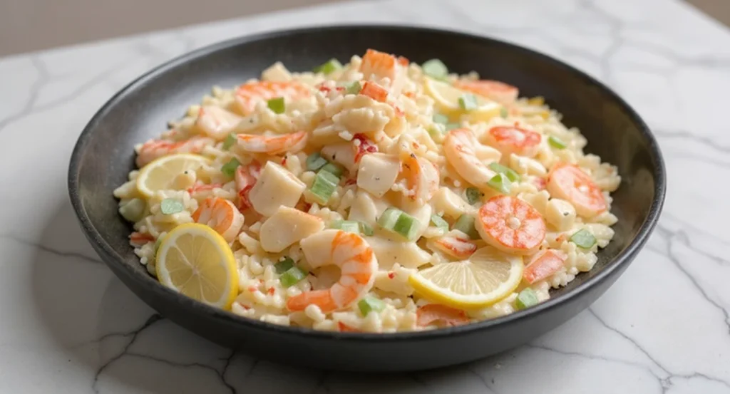 Easy seafood salad recipe featuring shrimp, crab and lemon slices in a black bowl.