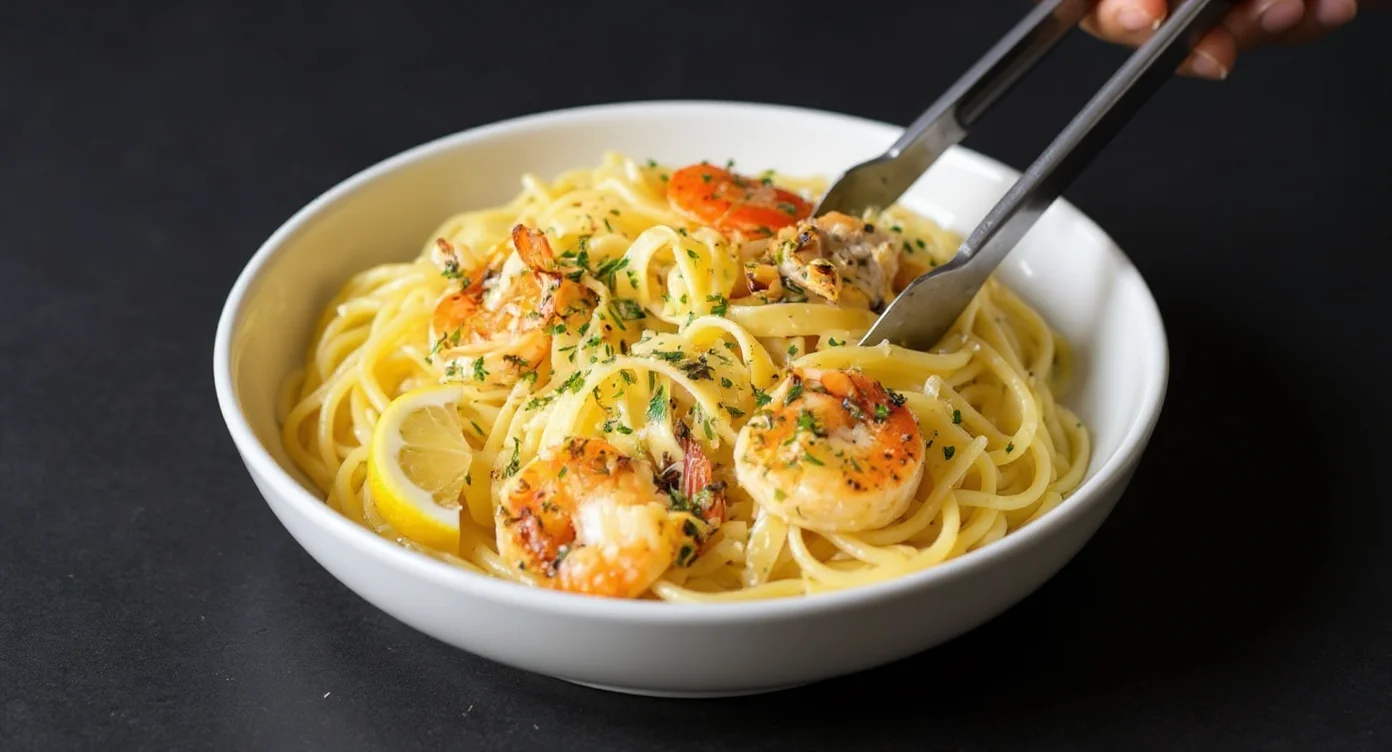 Creamy Garlic Seafood Pasta with shrimp, lemon, and fresh herbs in a white bowl.