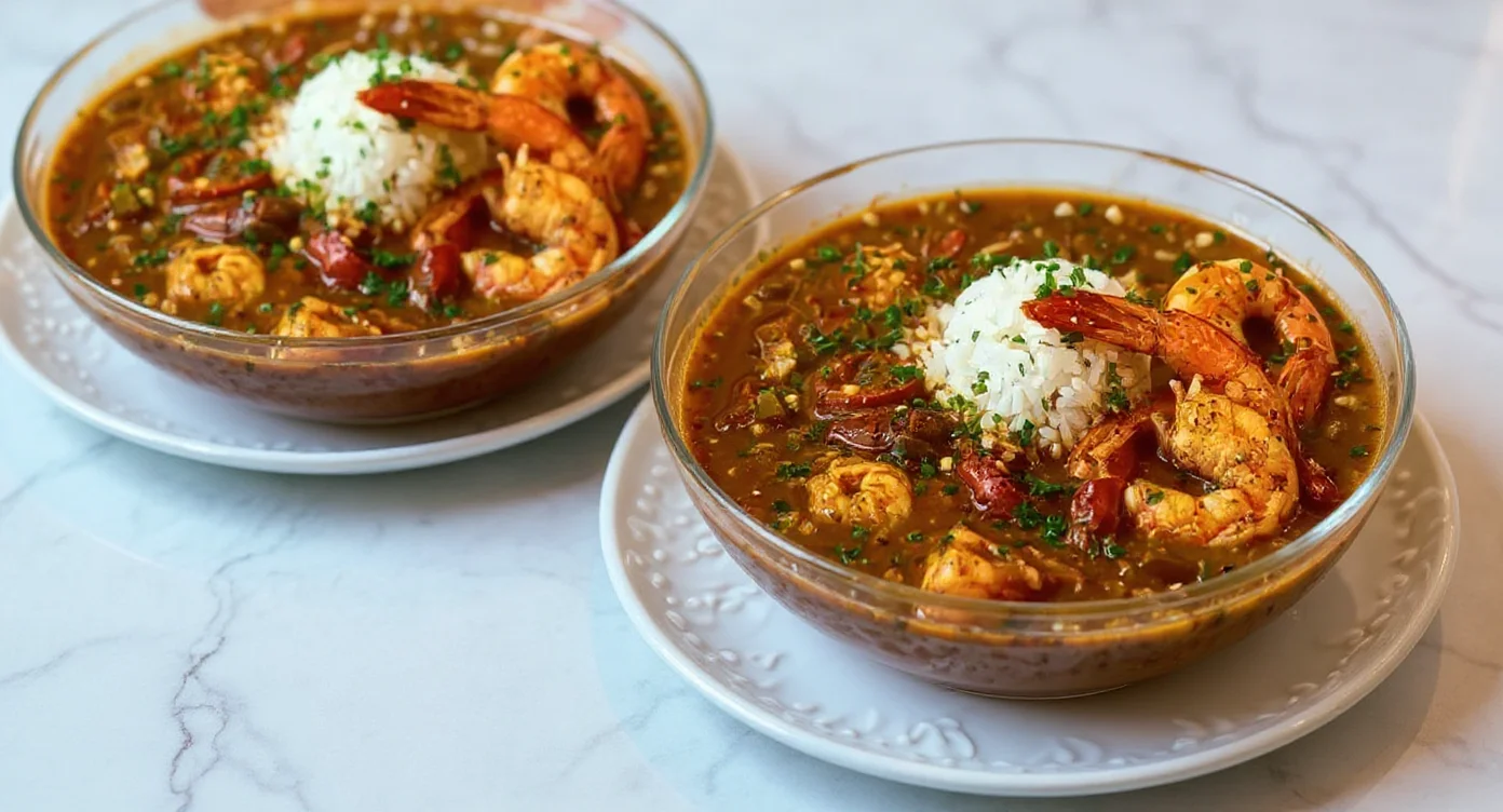 Easy Seafood Gumbo Recipe with shrimp, sausage, and rice in flavorful Cajun broth.
