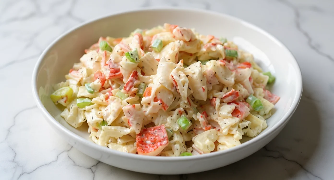 Easy seafood salad recipe with shrimp, crab, celery, and creamy dressing in a white bowl