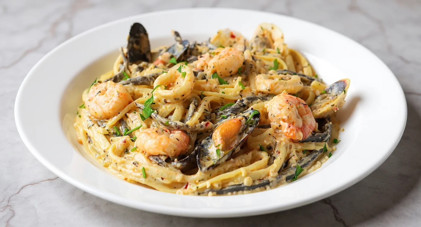 Creamy seafood pasta recipe with shrimp, mussels, and herbs in a white sauce.