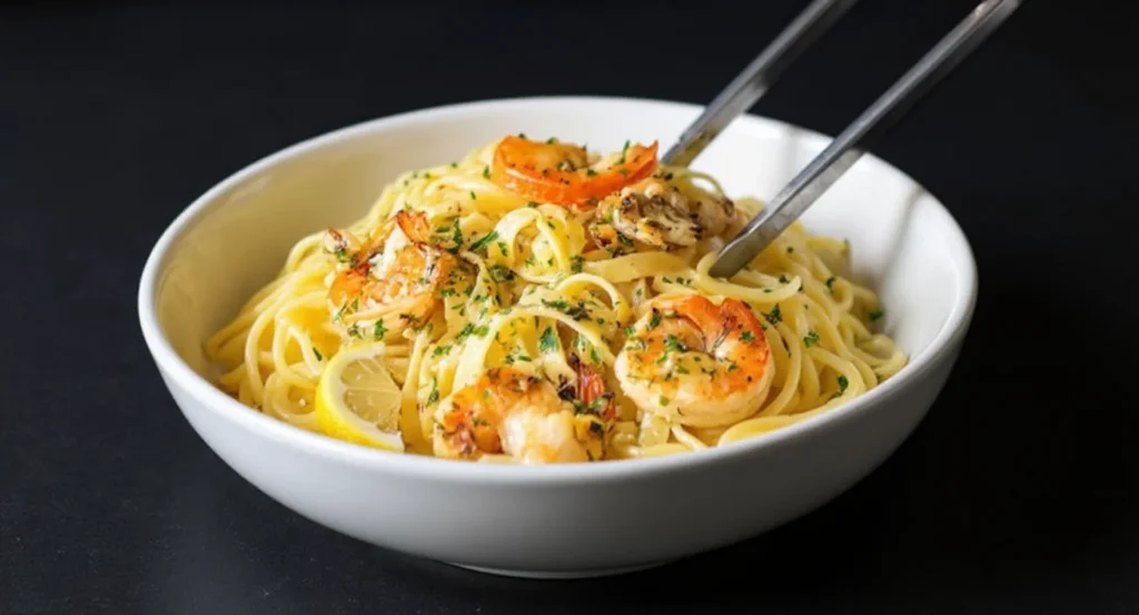Creamy Garlic Seafood Pasta topped with juicy shrimp and garnished with fresh parsley.