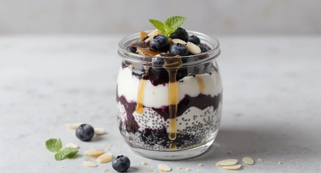 Easy Blueberry Chia Pudding Dessert topped with fresh blueberries and golden honey in a layered glass jar