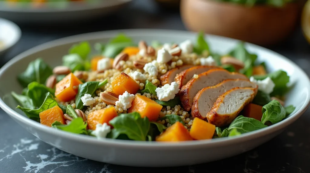 kitchen tools and ingredients Mediterranean Chicken and Butternut Squash Bowl with couscous, leafy greens, goat cheese, and toasted nuts.