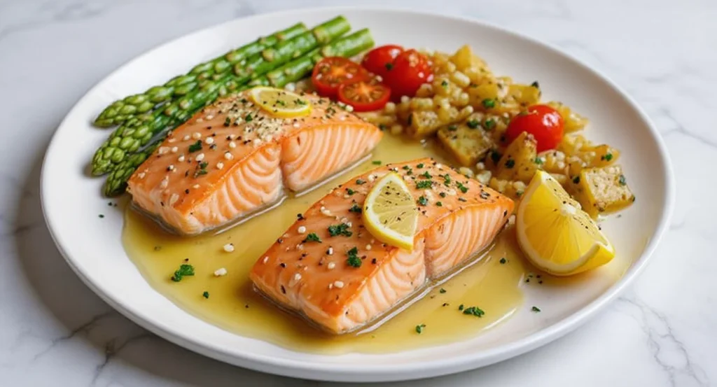 Mediterranean Salmon Recipe with lemon butter sauce, asparagus, cherry tomatoes, and roasted potatoes.