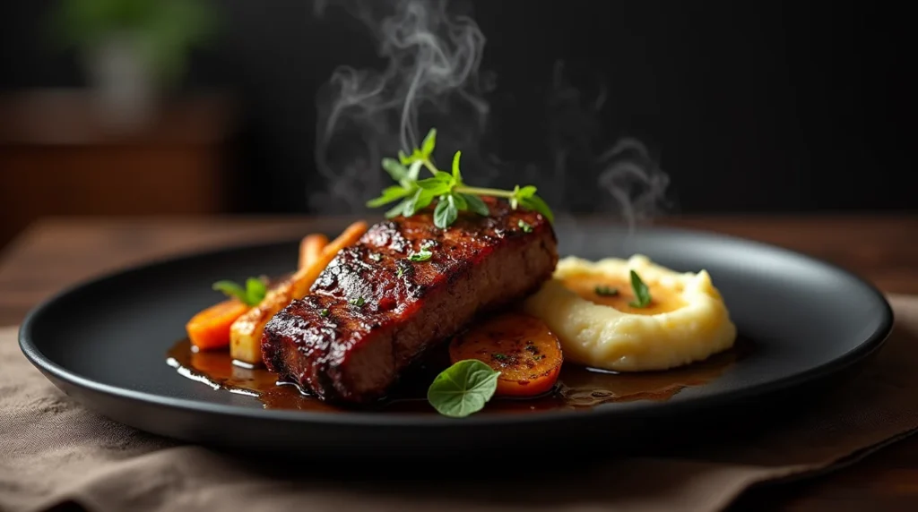 beef rib rub Boneless beef ribs recipe served with mashed potatoes, roasted carrots, and fresh herbs on a dark plate.