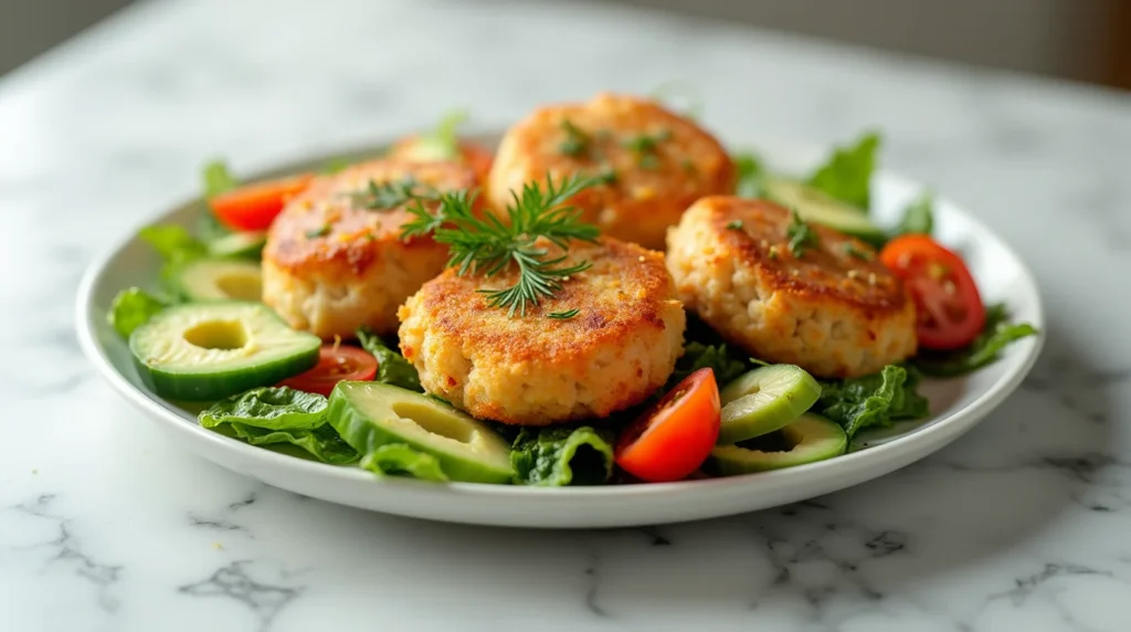 Old fashioned salmon patties recipe served on a bed of fresh greens with avocado slices, cucumbers, cherry tomatoes, and dill garnish.