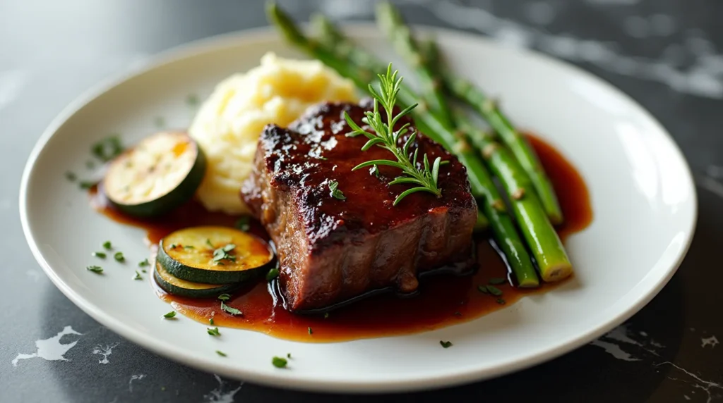 beef short ribs Oven-baked beef short ribs served with mashed potatoes, sautéed zucchini, and asparagus, topped with a rich sauce and garnished with fresh rosemary.