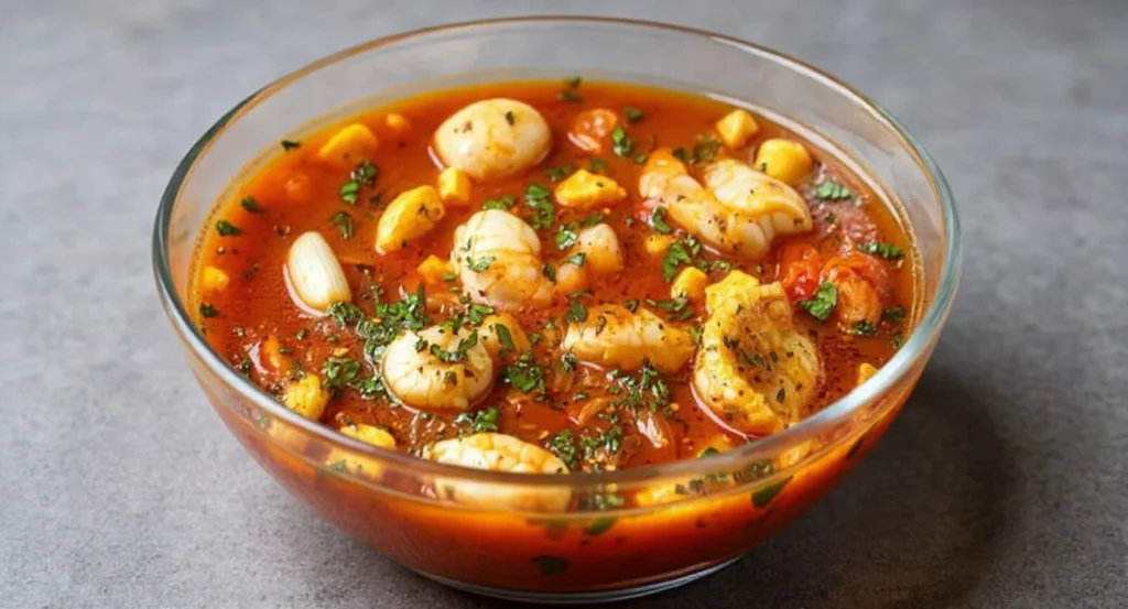 Authentic seafood boil sauce recipe in a bowl with lemon and seasoning.
