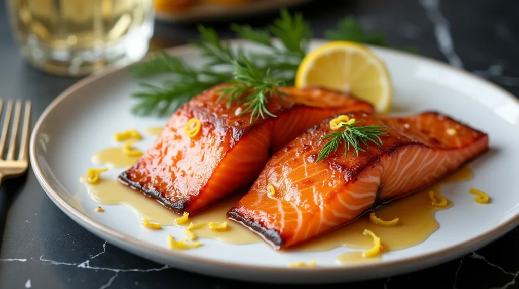 brine ingredients Smoked salmon brine recipe with lemon zest, dill, and honey glaze on a white plate.