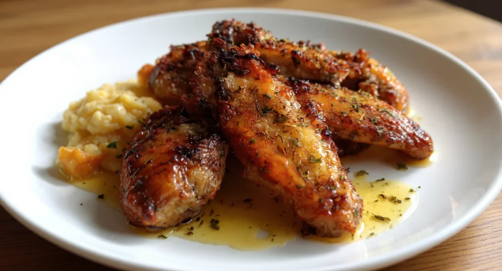 baked turkey wings Close-up of tender, juicy turkey wings recipe and smooth mashed potatoes beautifully plated with a luxurious and modern presentation