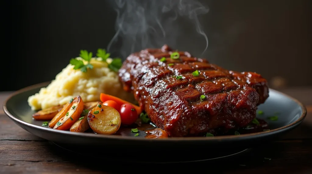 smoked beef ribs Boneless beef ribs recipe served with mashed potatoes, roasted baby potatoes, and cherry tomatoes on a black plate.