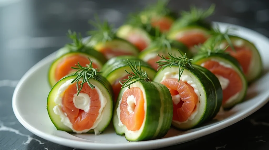 chatelaine smoked salmon roll on cucumber recipe Chatelaine smoked salmon roll on cucumber recipe served with cream cheese and dill.
