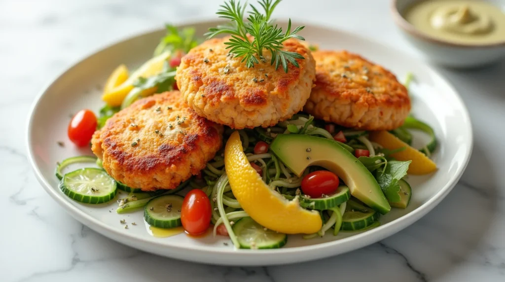 Old fashioned salmon patties recipe served over a fresh salad with avocado, lemon wedges, cherry tomatoes, cucumber slices, and herbs.