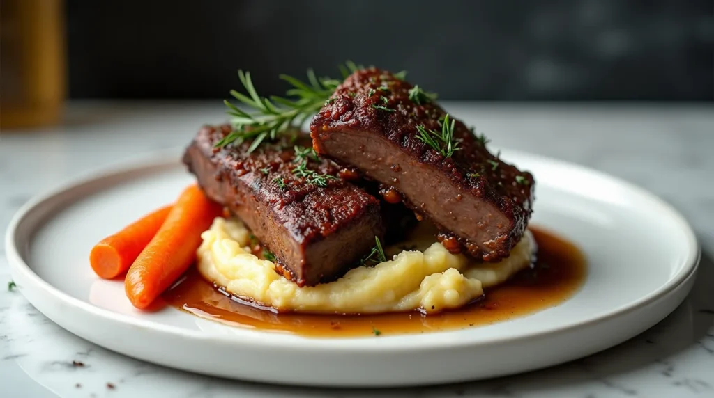 beef short ribs oven baked recipe Oven-baked beef short ribs served with mashed potatoes, topped with a rich sauce and garnished with fresh rosemary.