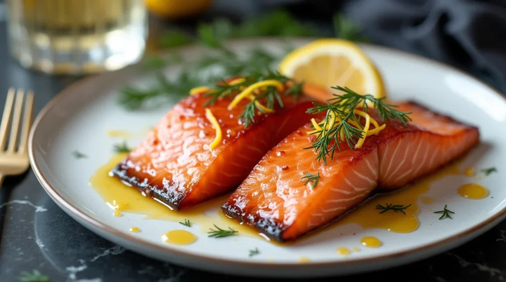 salmon smoking process Smoked salmon fillets prepared using a smoked salmon brine recipe, garnished with dill and lemon.
