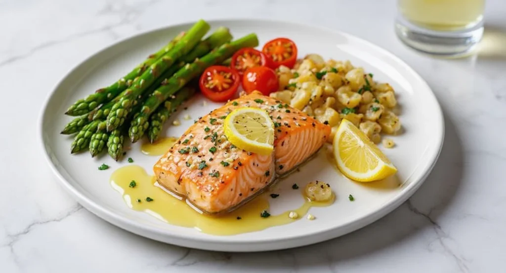 mediterranean salmon recipe Mediterranean Salmon Recipe served with fresh asparagus, cherry tomatoes, roasted potatoes, and lemon wedges in a light sauce.