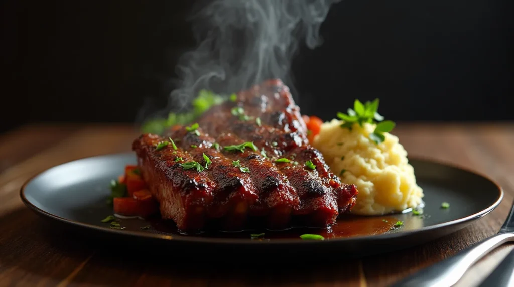 tender beef ribs Boneless beef ribs recipe with mashed potatoes and roasted vegetables on a black plate.