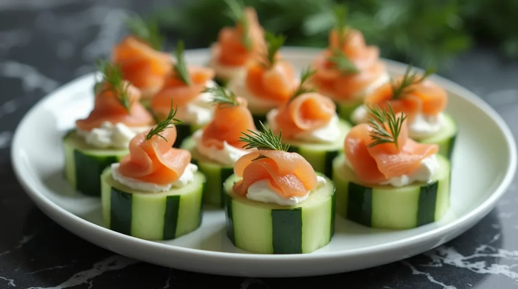 Cucumber slicing Bite-sized chatelaine smoked salmon roll on cucumber recipe topped with cream cheese and fresh dill.