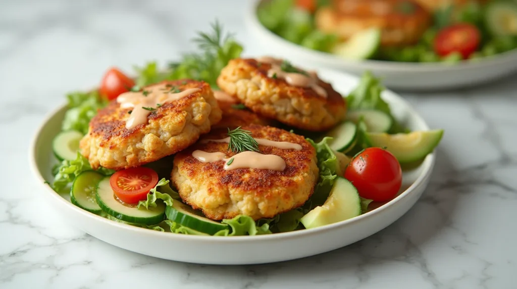 Old fashioned salmon patties recipe with creamy sauce, served over lettuce with avocado, cherry tomatoes, and cucumber slices.