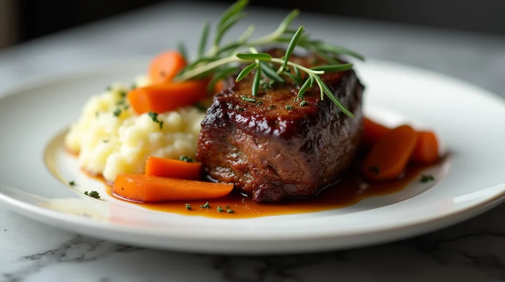 Short ribs Oven-baked beef short ribs served with mashed potatoes and garnished with fresh rosemary.