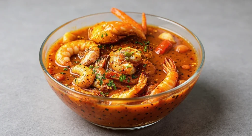 Customizing Heat Levels with Old Bay and Cajun Seasoning Homemade seafood boil sauce recipe with shrimp, spices, and rich flavor.