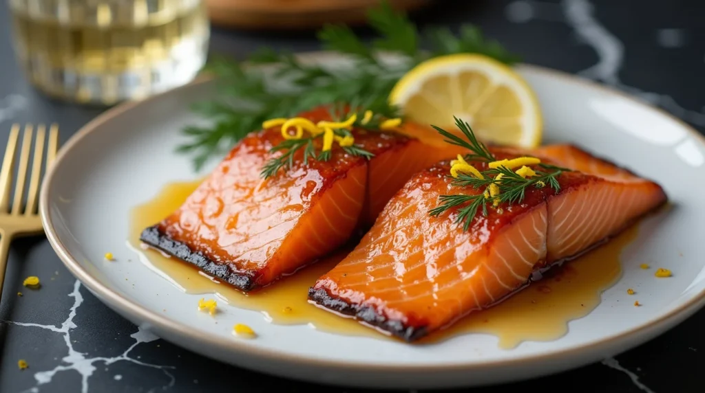 salmon smoking process Smoked salmon brine recipe with glazed fillets garnished with dill and lemon.