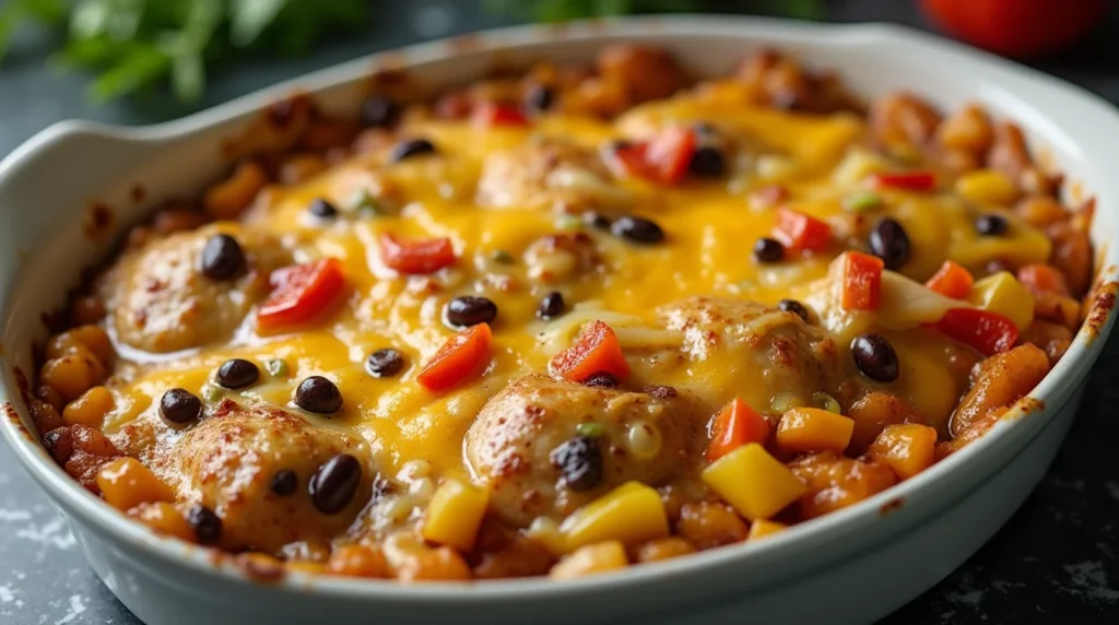 Quick rotisserie chicken recipes with squash baked with beans, peppers, and melted cheese.