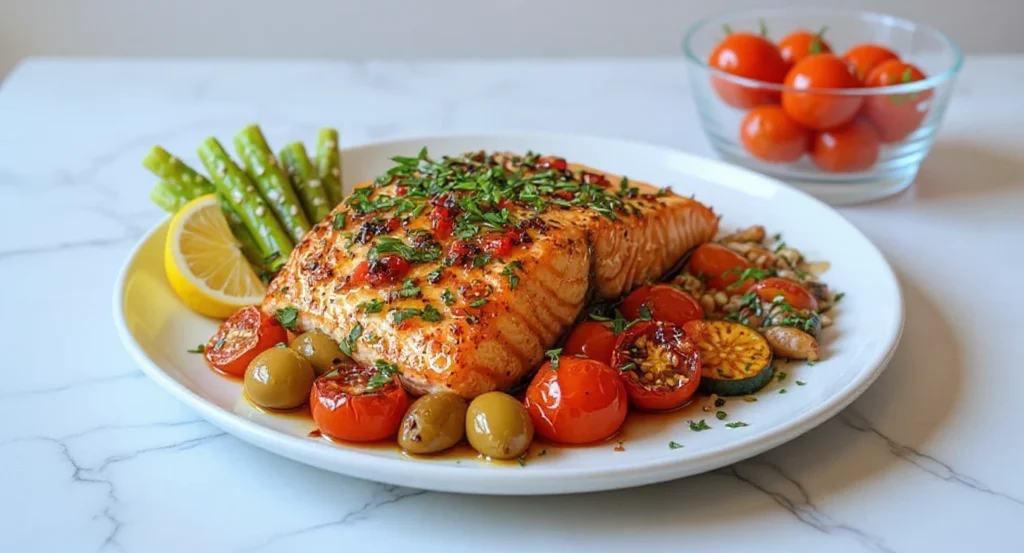 Mediterranean Salmon Recipe with roasted tomatoes, olives, and asparagus on a white plate.