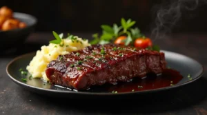 Boneless beef ribs recipe with mashed potatoes and cherry tomatoes on a black plate.