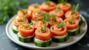 Chatelaine smoked salmon roll on cucumber recipe with cream cheese and dill garnish.
