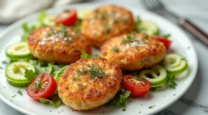 Old fashioned salmon patties recipe with crispy golden patties, avocado slices, cucumbers, cherry tomatoes, and fresh herbs on a white plate.