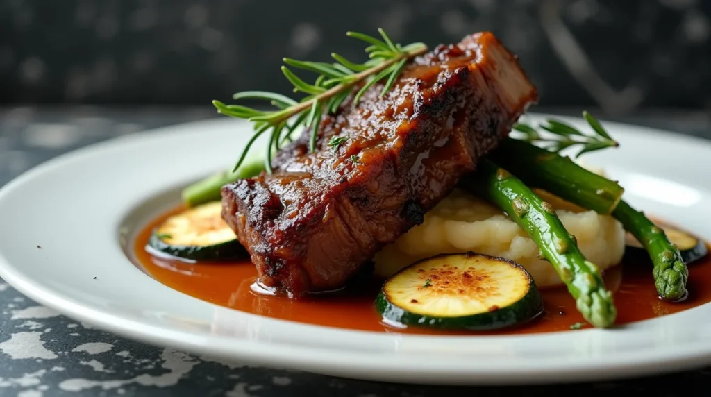 A plate of oven-baked beef short ribs served with mashed potatoes, grilled zucchini, asparagus, and a rich sauce, garnished with fresh rosemary.