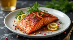 Glazed smoked salmon brined to perfection with lemon slices and herbs.