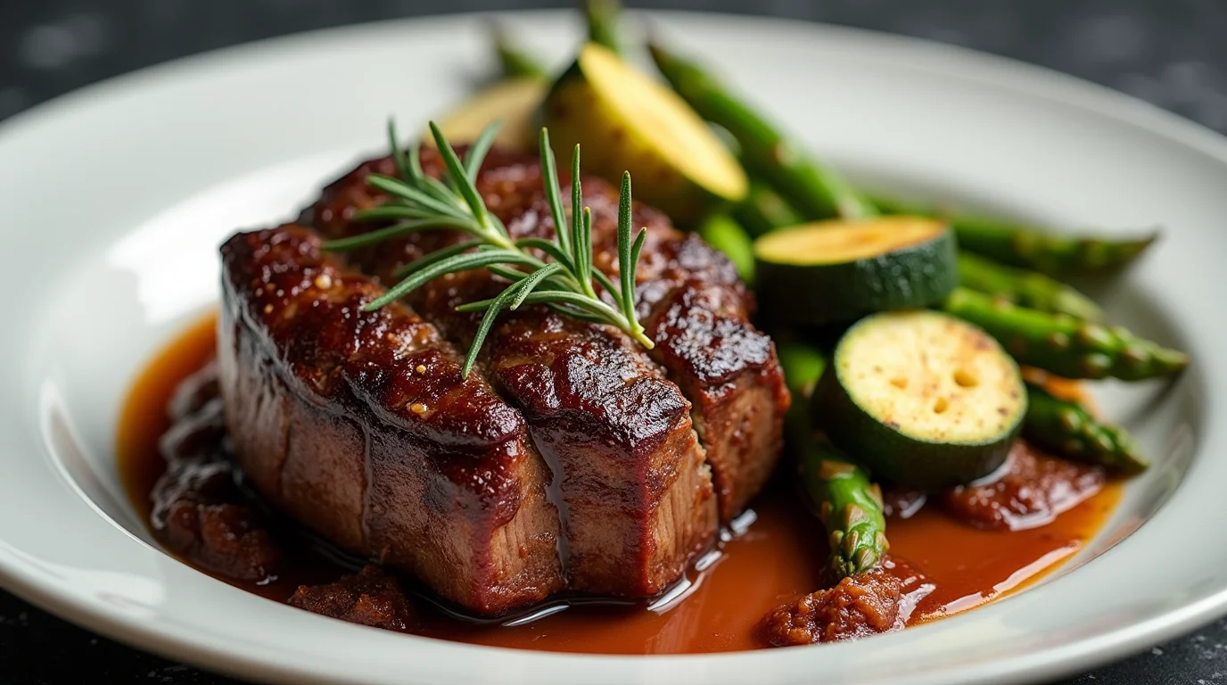 A plate of oven-baked beef short ribs glazed with a rich sauce, garnished with fresh rosemary, and served with roasted zucchini and asparagus.