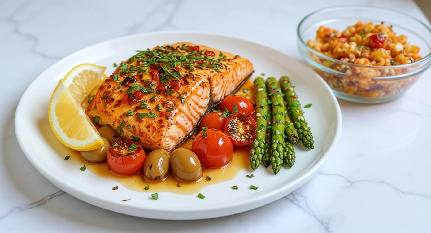 Mediterranean Salmon Recipe with asparagus, cherry tomatoes, olives, and lemon wedges on a white plate.