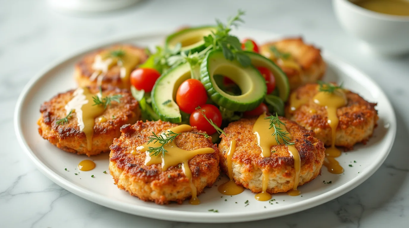 Old fashioned salmon patties recipe served with avocado, cherry tomatoes, cucumbers, and fresh herb garnish on a white ceramic plate.