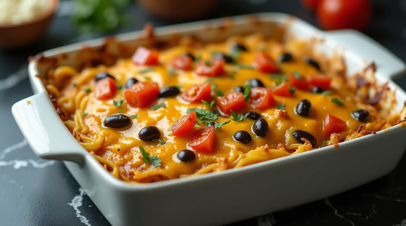 Quick rotisserie chicken recipes with squash featuring baked pasta, melted cheese, black beans, and fresh tomatoes.