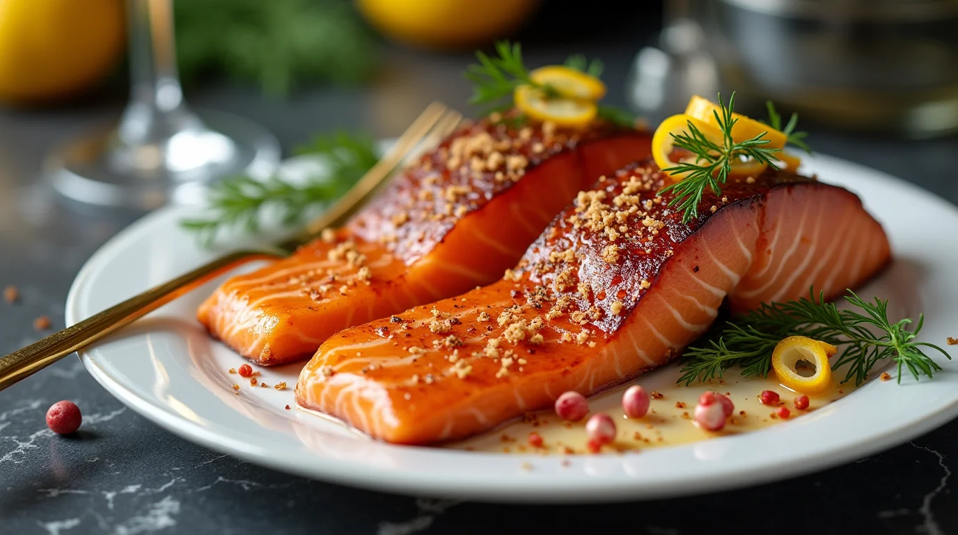 Smoked salmon brine recipe with fresh herbs and spices on a white plate.