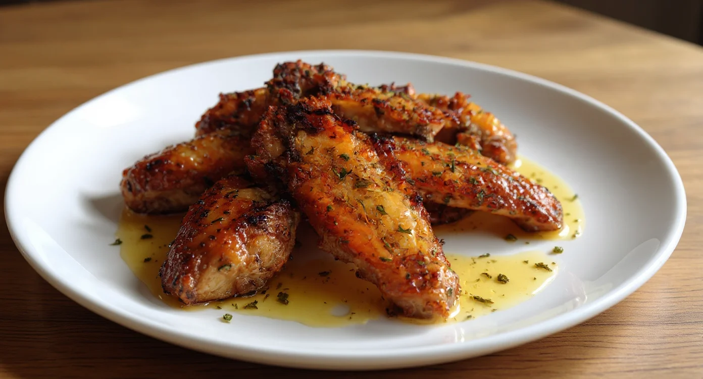 Golden crispy oven-baked turkey wings recipe served on an elegant white plate, garnished with fresh herbs